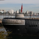 Front of the Russian submarine, with the Long Beach Arena's Whaling Wall in the background